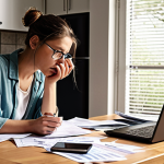 **

Prompt: A person looking stressed while surrounded by bills and financial documents. Emphasize the feeling of being overwhelmed by household finances. Possibly include a laptop with a spreadsheet or budgeting app on the screen. The scene should depict a typical home environment, perhaps a kitchen table.

**