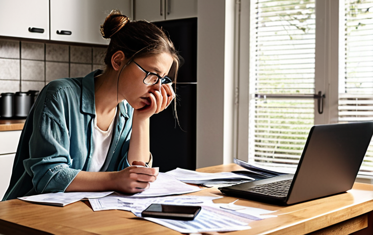**
Prompt: A person looking stressed while surrounded by bills and financial documents. Emphasize the feeling of being overwhelmed by household finances. Possibly include a laptop with a spreadsheet or budgeting app on the screen. The scene should depict a typical home environment, perhaps a kitchen table.
**